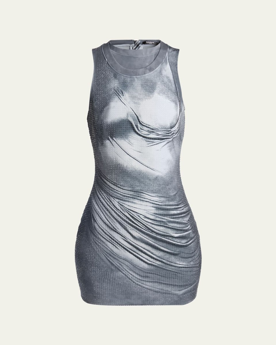 Draped Trompe Loeil Strass Metallic Mini Dress